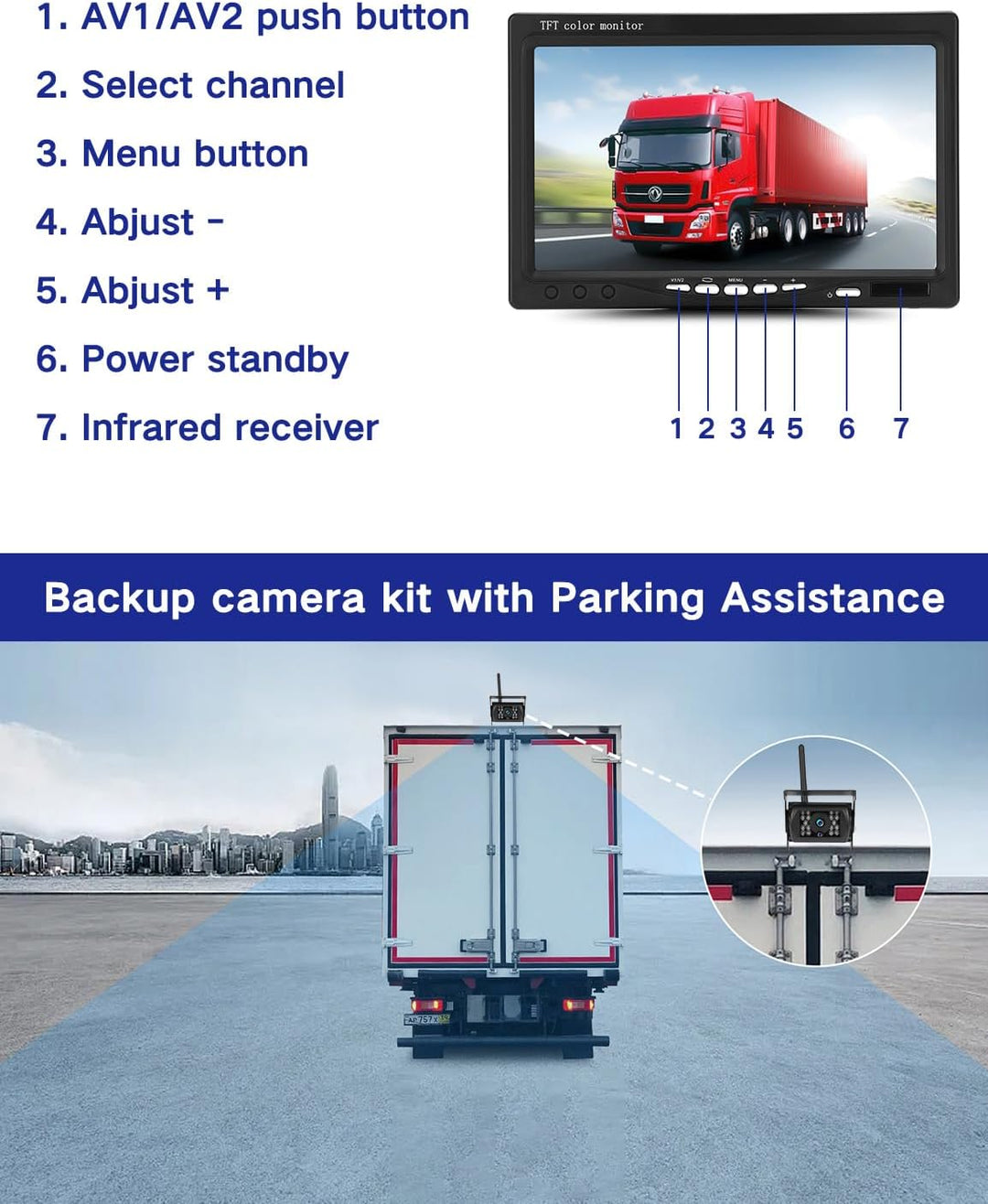Rückfahrkamera Kabellos Set mit 7" HD Rear View Monitor, IP68 wasserdichte Auto Rückfahrkamera Funk,