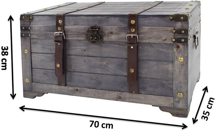 Kobolo Truhe KUBA im Schatzkistendesign aus Holz mit Metall- und Kunstlederapplikationen grau 70x35x
