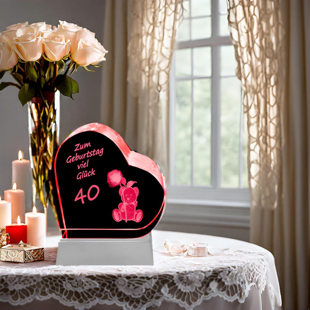 Kaltner Präsente Geschenkidee - Herz aus Glas: Kristallglas mit 3D-Laser-Gravur Teddy Rose/Zum Gebur