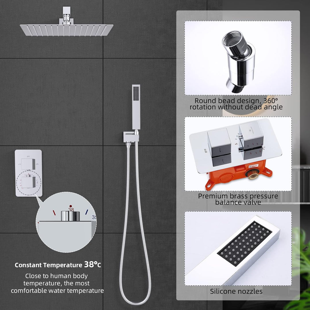HOMELODY Regendusche Duschsystem mit Thermostat Unterputz Duscharmatur Eckig, Duschamaturenset Chrom