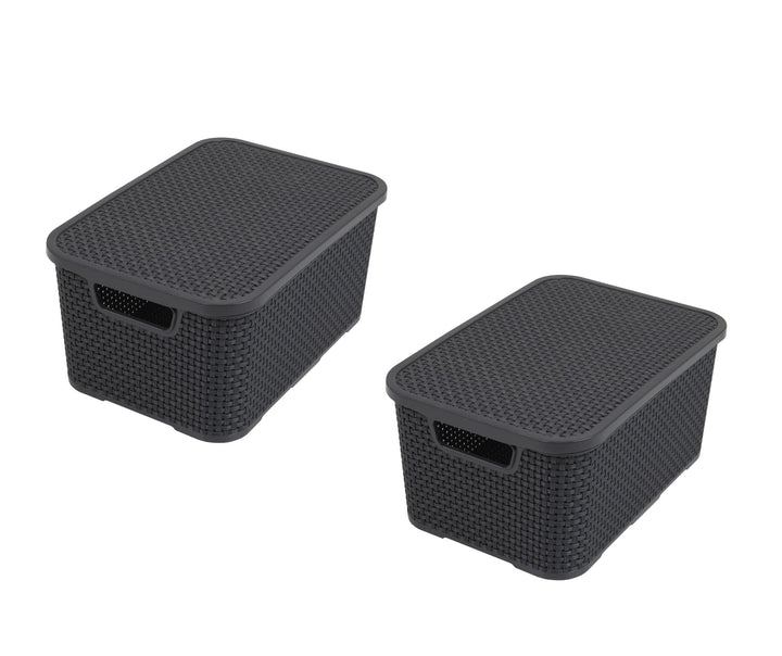 BranQ - Home essential Deckel Korb in Rattan Design 2er Set Grösse L 19l, Kunststoff PP, Anthrazit,