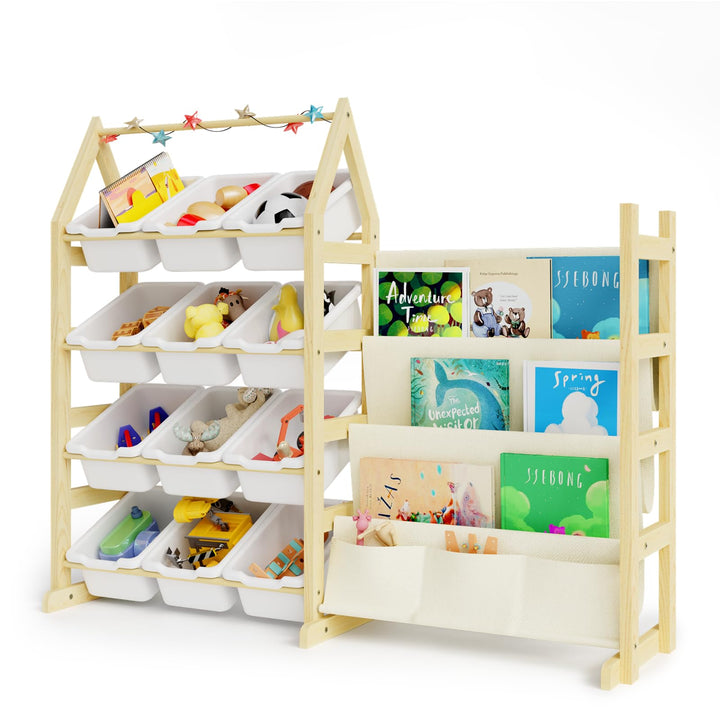 Bücherregal Kinder Spielzeug Aufbewahrung Regal Holz, mit 12 Boxen Spielzeug Regal Kinderzimmer, Mon