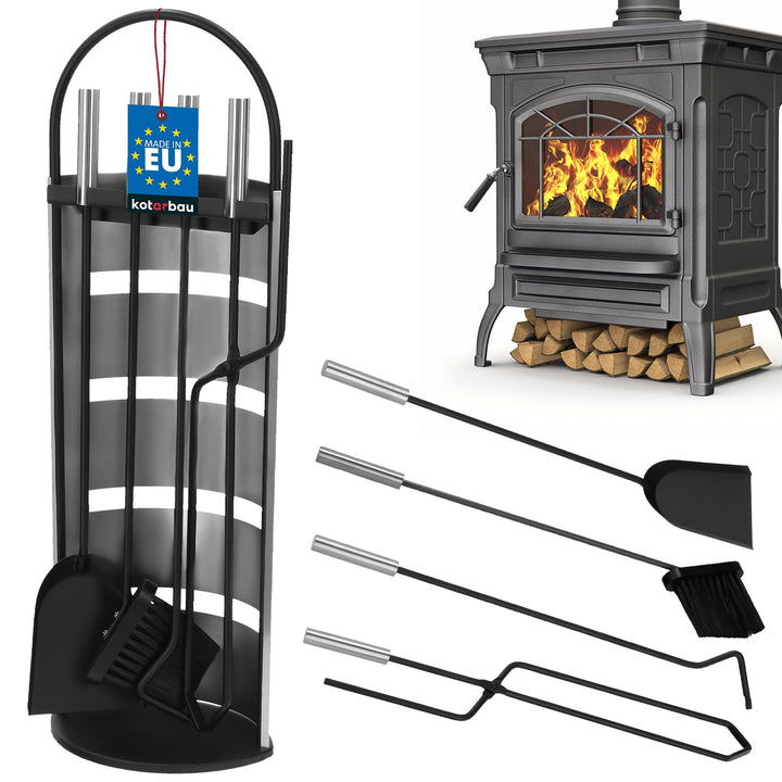 KOTARBAU® 5tlg. Edelstahl Kamingarnitur Schwarz mit Silbernem Griff