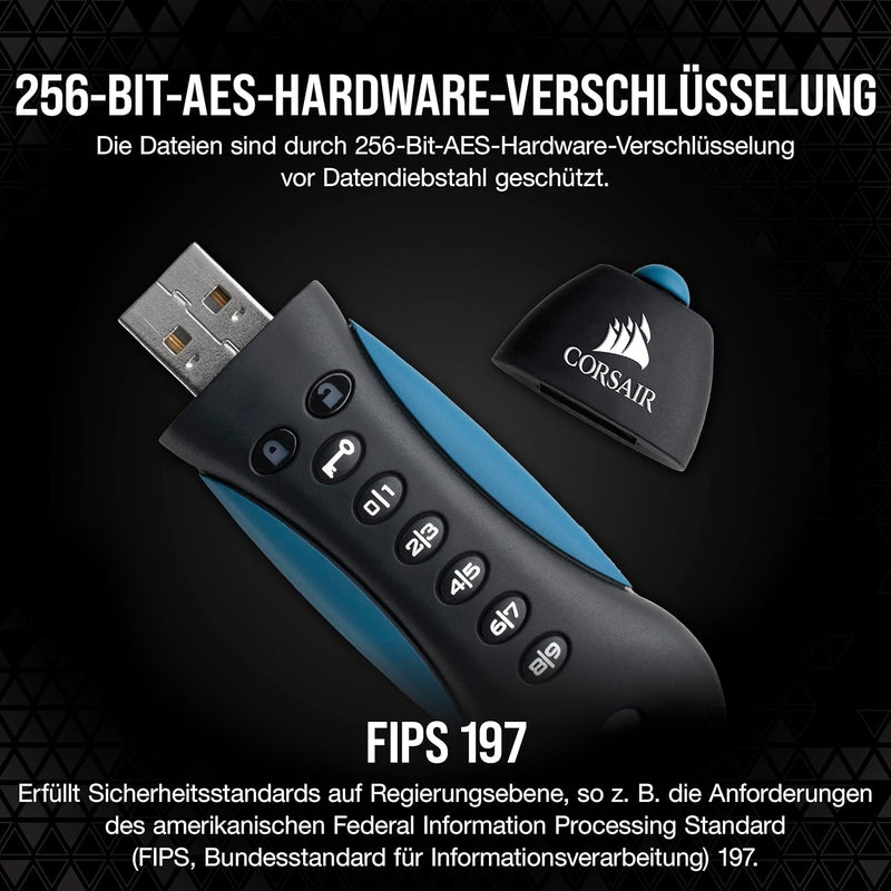 Corsair Flash Padlock 3, 256 GB Sicheres USB 3.0 Flash-Laufwerk Mit Tastatur (256-Bit-AES-Verschlüss