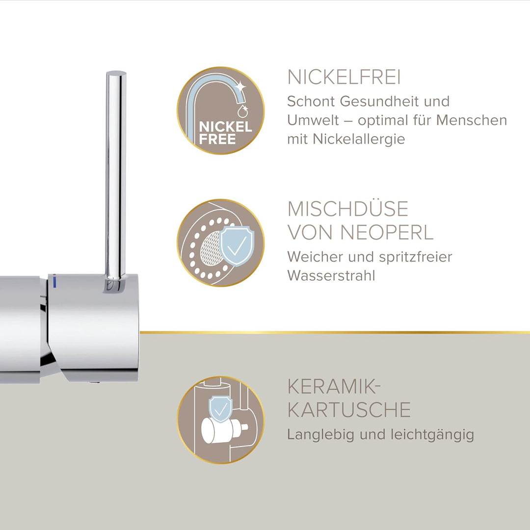 Lenz Küchenarmatur KALANI² in Chrom – flexible Geschirrbrause mit 2 Strahlarten – komfortable EasyFi