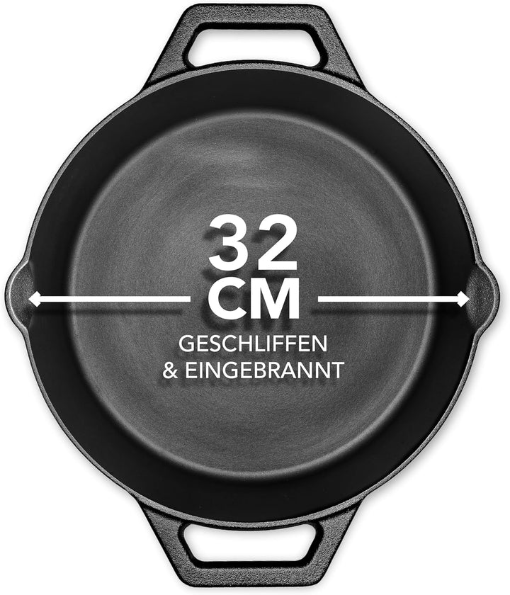 KRUSTENZAUBER Gusseisenpfanne Induktion 32cm Doppelgriff - inkl. Anleitung und Rezeptbuch - Geschlif