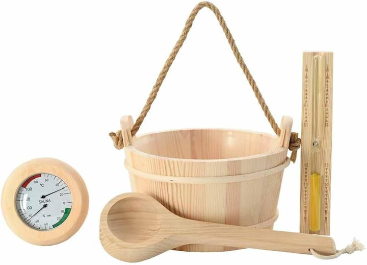 Sauna Zubehör Set 4 tlg. Kiefernholz &amp; Hanf Eimer Kelle