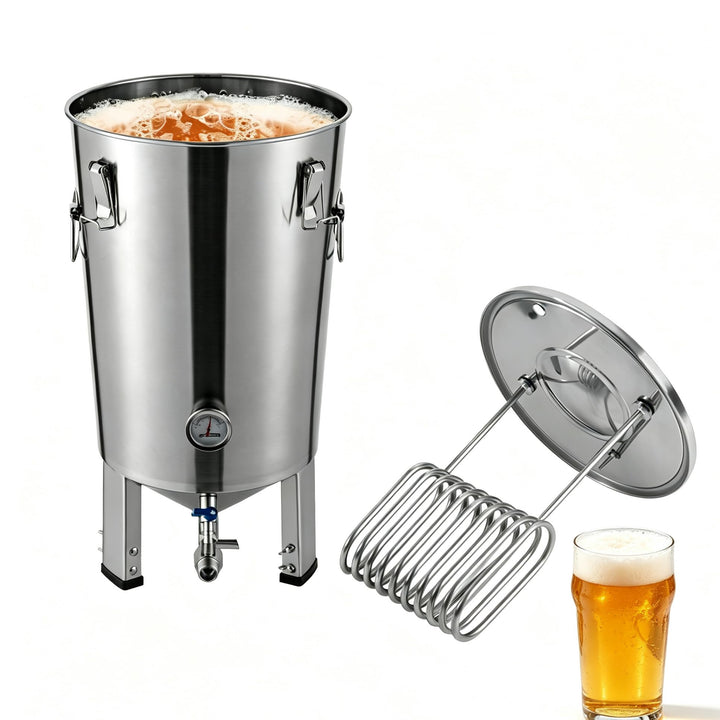 Edelstahl Gärbehälter 32L, Bierbrauanlage mit Kühlspirale, Fermenter | Bierbrauset mit Temperaturanz