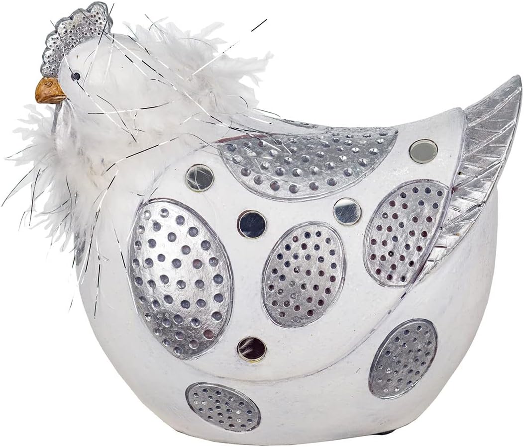 ROCKING GIFTS Dekofigur Henne aus silbernem und weissem Harz mit Federn, rustikale Innendekoration,