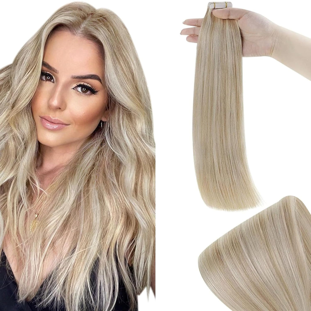 RUNATURE Blond Tape Echthaar Extensions 45cm Aschblond mit Platinblond Tape in Haarverlangerung Remy