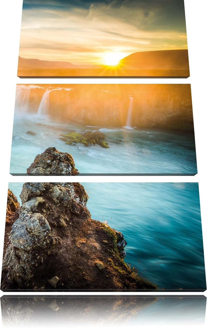 Pixxprint Wasserfall im Sonnenuntergang 3-Teiler Leinwandbild 120x80 Bild auf Leinwand