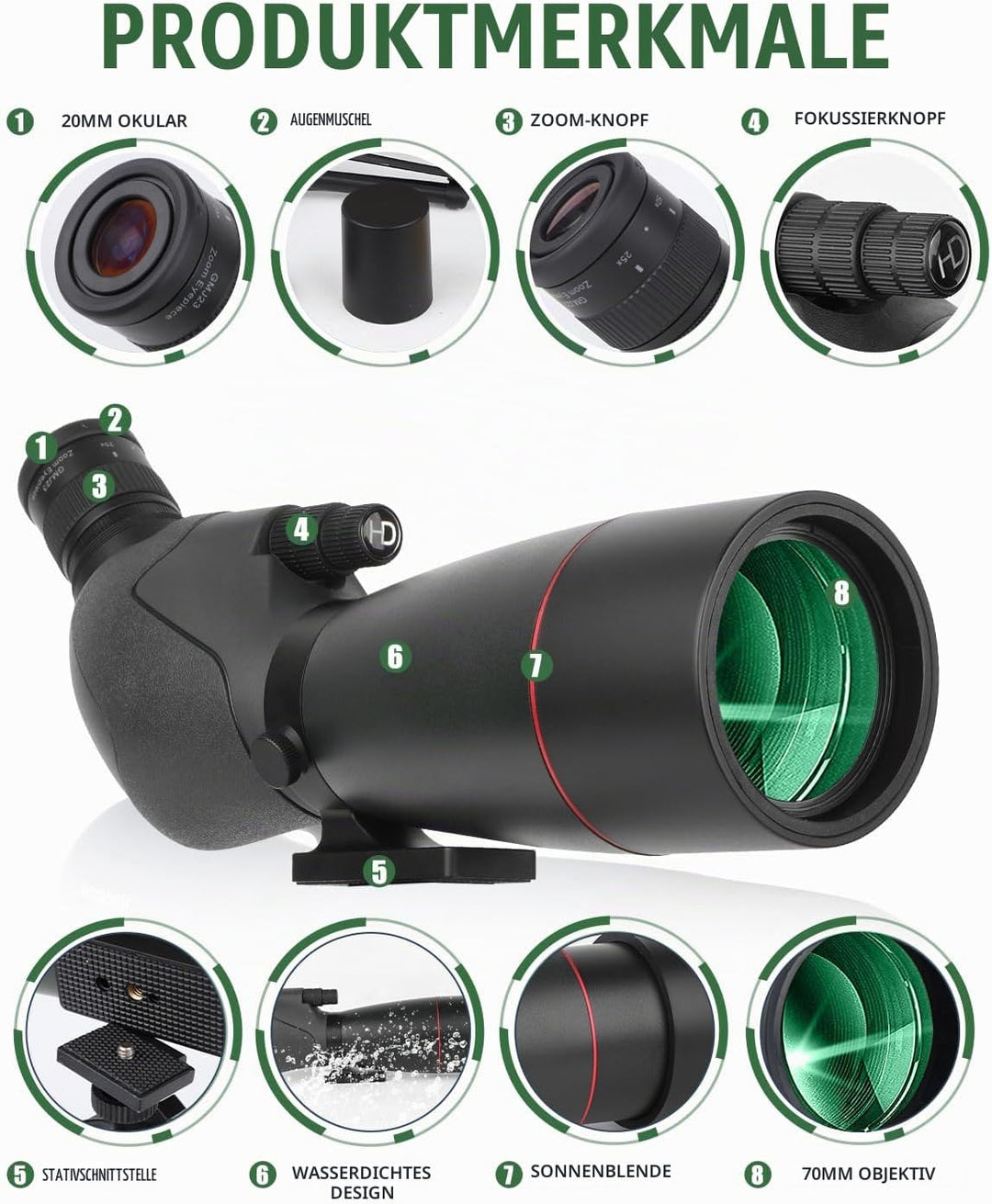 25-75x70 HD Spektiv Sportschützen mit Stativ- und Smartphone-Adapter, Zoom Bak4 Prism FMC Lens 45-Gr