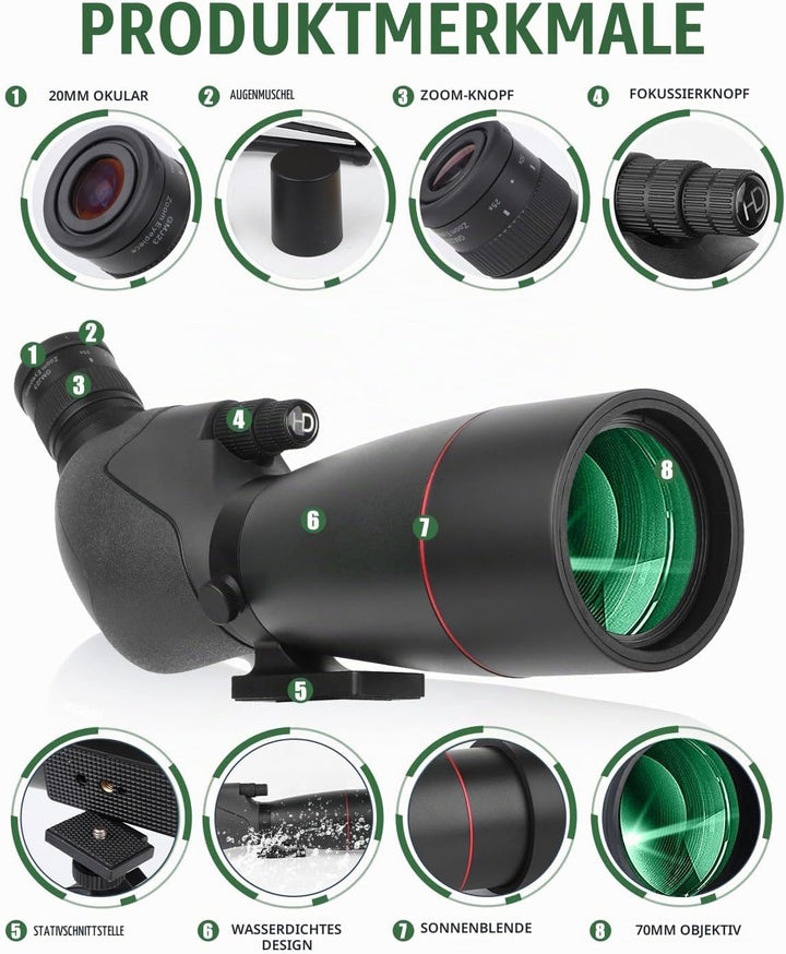 25-75x70 HD Spektiv Sportschützen mit Stativ- und Smartphone-Adapter, Zoom Bak4 Prism FMC Lens 45-Gr
