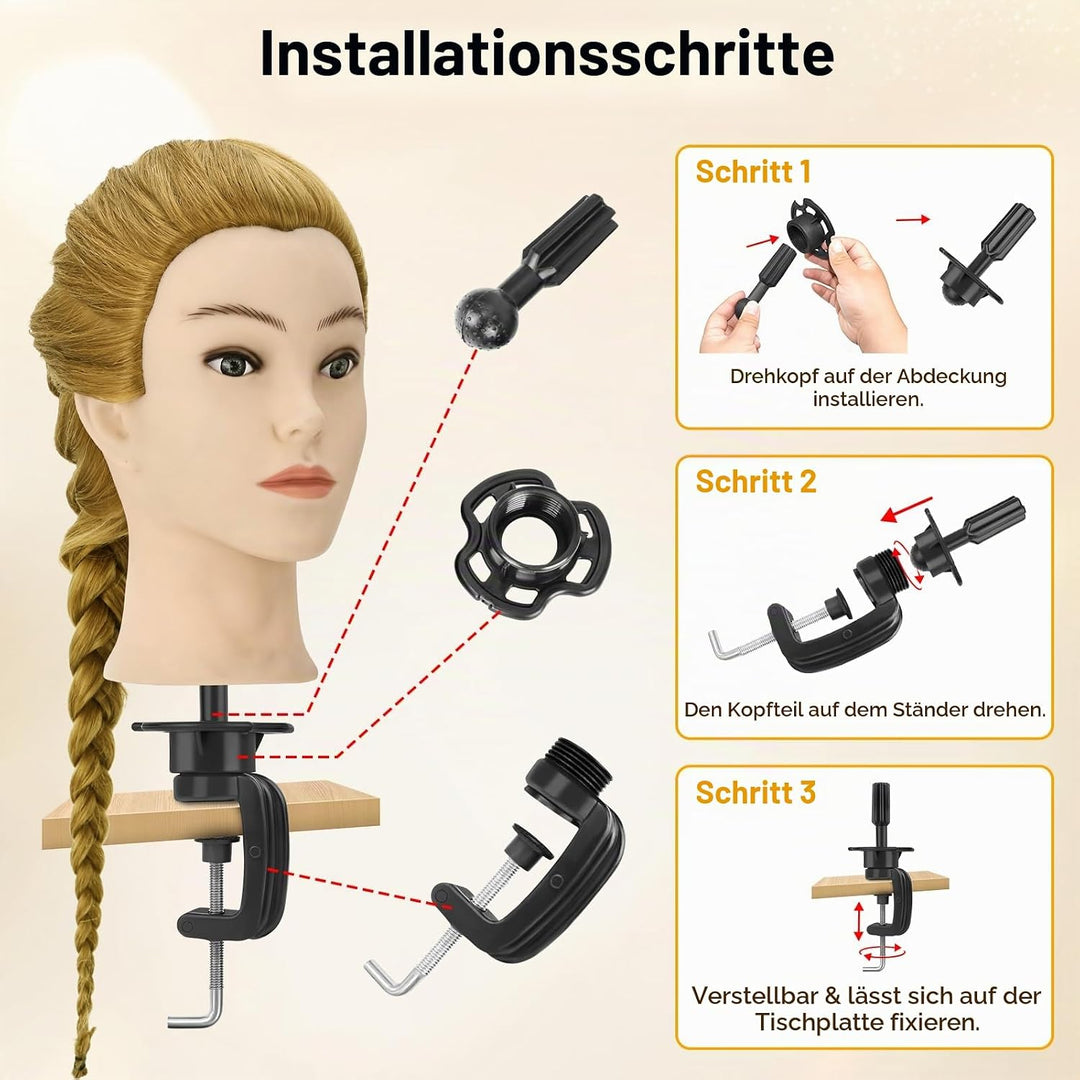 Frisierkopf Echthaar mit Stativ, Trainingskopf mit 90% Echthaar 61cm/24inch, Schaufensterpuppe Kopf