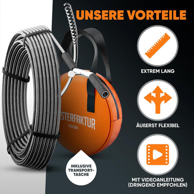 Meisterfaktur Rohrreinigungsspirale 3.0 [15m] - extra lang - Ideale Abflussspirale für eine umweltfr