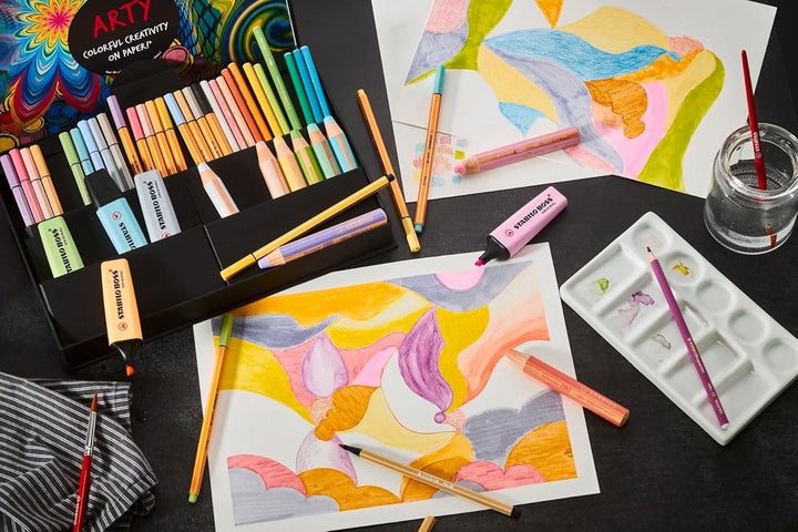 Stifte-Set - STABILO ARTY Creative Set Pastel - 50er Pack - Textmarker, Multitalentstifte, Aquarell-