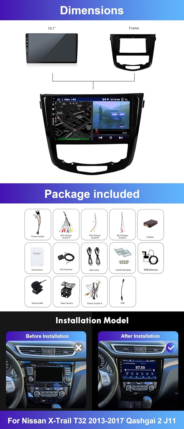 Integriertes DAB – 10 Zoll HD Touchscreen Android 12 Autoradio GPS Navi für Nissan X-Trail T32 2013–