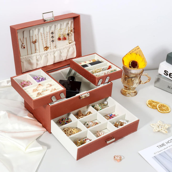 Schmuckkasten, Schmuckkästchen mit Schubladen für Damen Mädchen, PU-Leder Jewelry Box Schmuckbox Sch