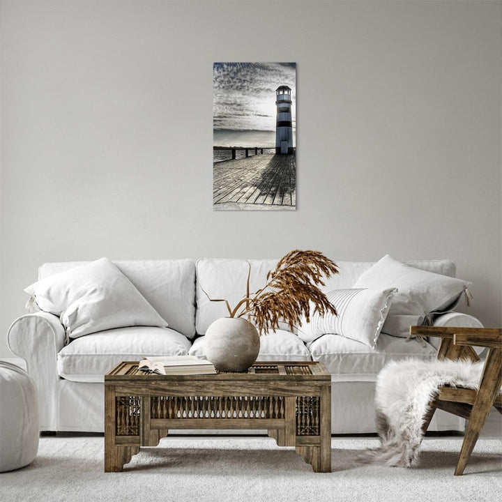Bilder auf Leinwand See Leuchtturm Holzbrücke Wasser Leinwandbild mit Rahmen 45x80cm Wandbilder Deko