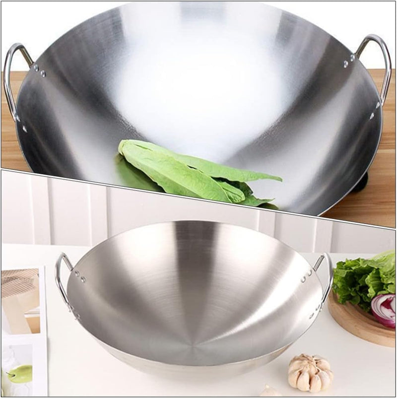 NUOBESTY 28 cm Doppelgriff-Wok-Edelstahl-Wok-Bratpfanne Mit Grosser Kapazität Bratpfanne Rundboden-W