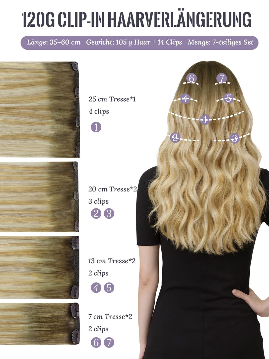 Fshine Extensions Echthaar Clip, 35cm 7 Stücke 120g Haarextension Echthaar Clip Haarverlängerung Mit