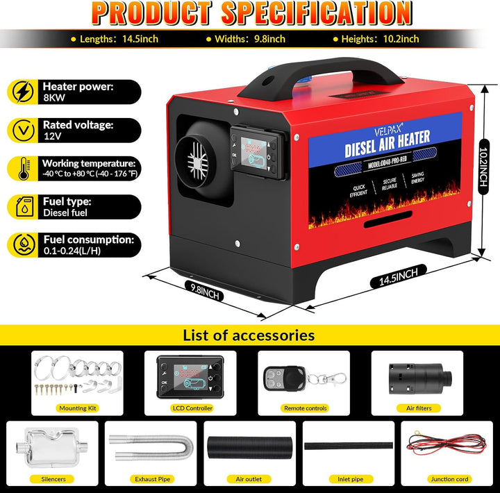 VELPAX Luft Dieselheizung Standheizung,8 kW 12 V Diesel Luftheizung All in One,LCD-Schalterdisplay 1