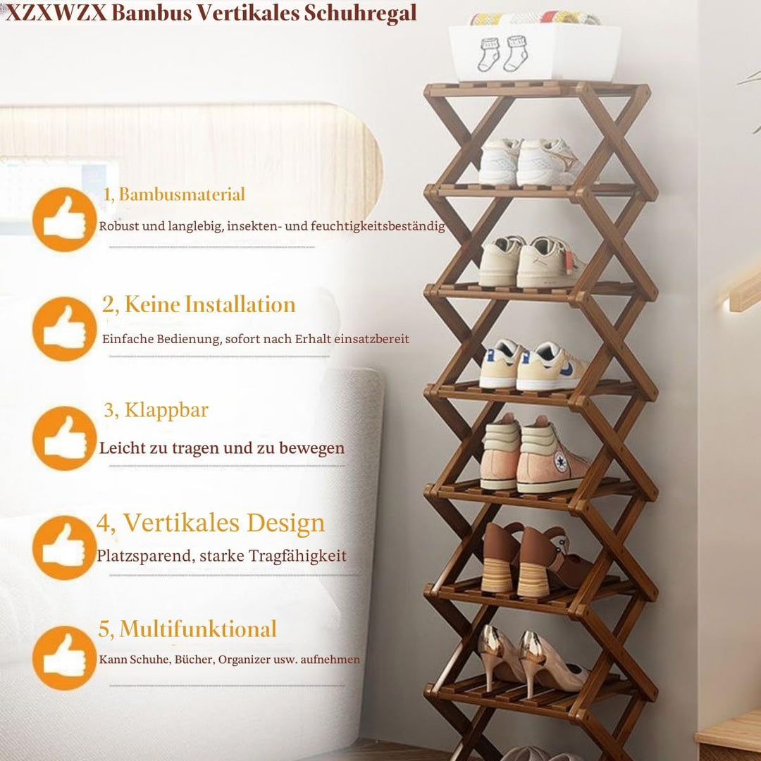 Faltbares Schuhregal, vertikaler Schuhhalter aus Bambus, hoch, für kleine Räume. Multifunktionales s