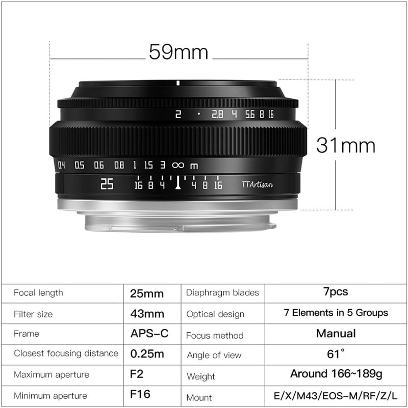 TTArtisan APS-C 25 mm F2 Metallgehäuse, kompatibel mit Sony E-Mount, Schwarz 25 mm F2 Schwarz, 25 mm