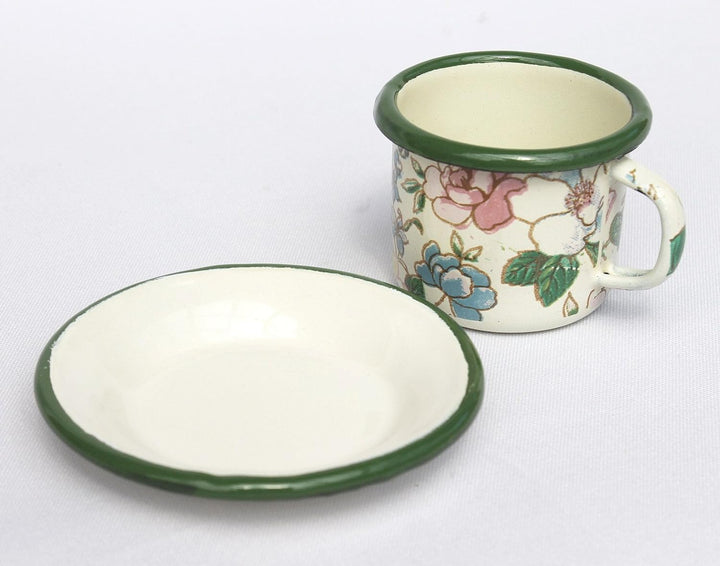 Emaille Tasse mit Untertasse BsB 11/61 Volldekor emailliert 5 cm Kaffeebecher, Volldekor
