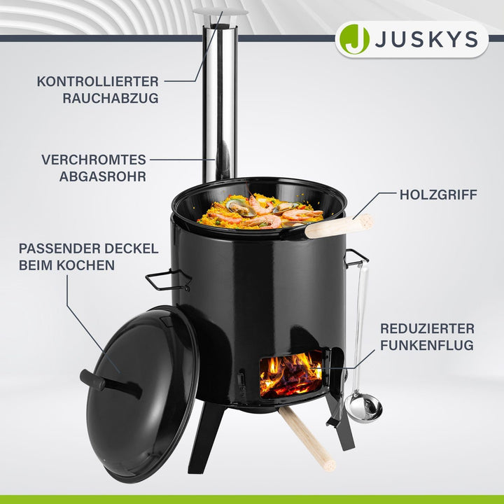Juskys Gulaschkanone 17 Liter mit Kessel & Pfanne - Outdoor Ofen zum Kochen, Braten & Grillen - Gula