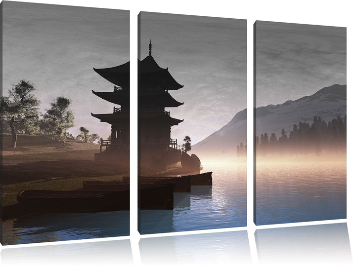 Pixxprint Chinesisches Haus B&W Detail 3-Teiler Leinwandbild 120x80 Bild auf Leinwand