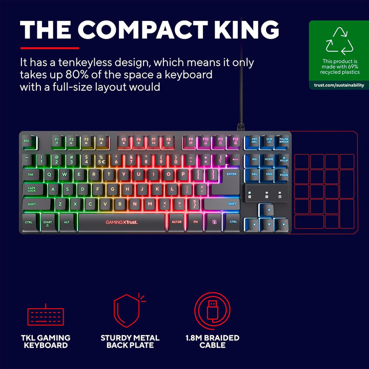 Trust Gaming TECLADO GXT 833 THADO METALICO COMPACTO ILUMINACION LED Multicolor Anti-GHOSTING 12 TEC