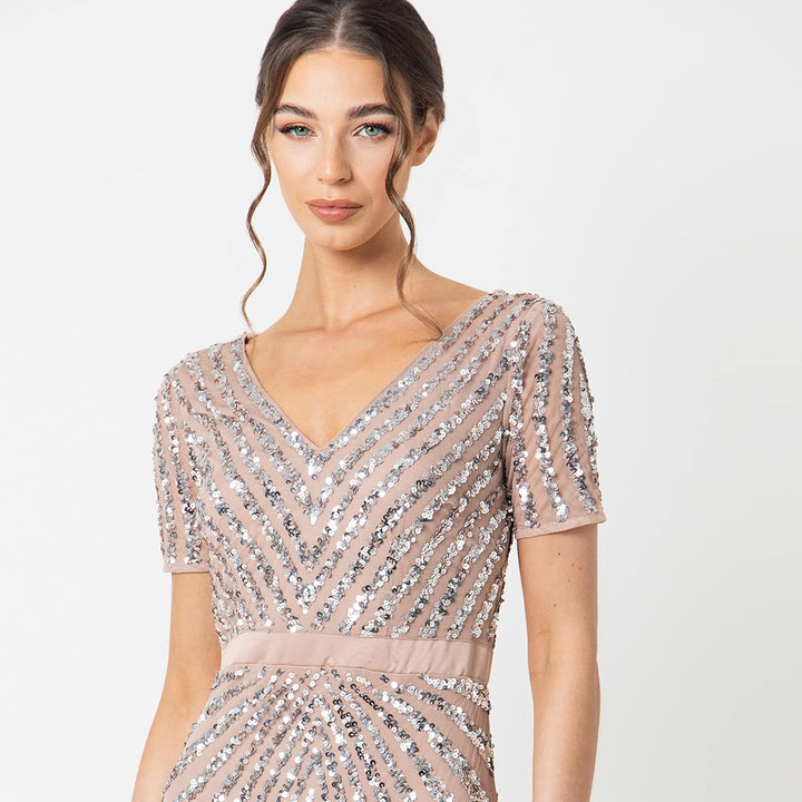 Maya Deluxe Damen Pailletten Maxi Abendkleid Elegant für Hochzeit V-Ausschnitt A-Linien-Schnitt Brau