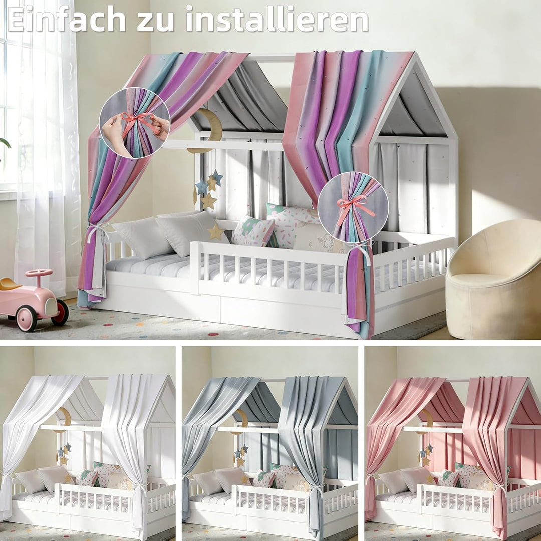 Hausbett Himmel, 2er Set Regenbogen Betthimmel Hausbett – mit ausgestanzten Sternen, Stoffhimmel für