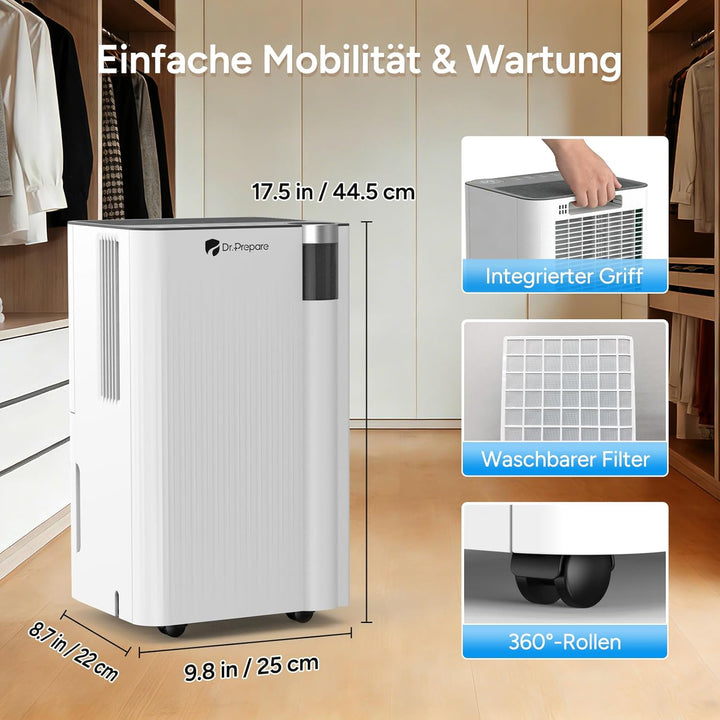 DR.PREPARE Luftentfeuchter Elektrisch 15L, Entfeuchter für Keller Wäschetrocknung, 3 Modi, Schlafmod
