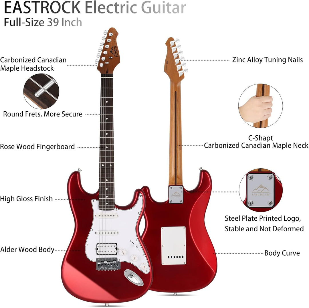 EASTROCK E Gitarre Set E Guitar 39 Zoll Elektrogitarre mit 10-W-Verstärker,Tasche, Kapodaster, Schul