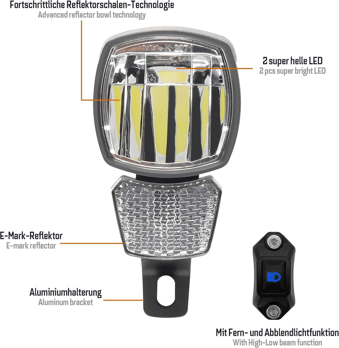 E-Bike Frontlicht 170 Lux Hammer E170 Plus – Fernlicht, Abblendlicht, mit Lenker-Schalter, IP65, Alu