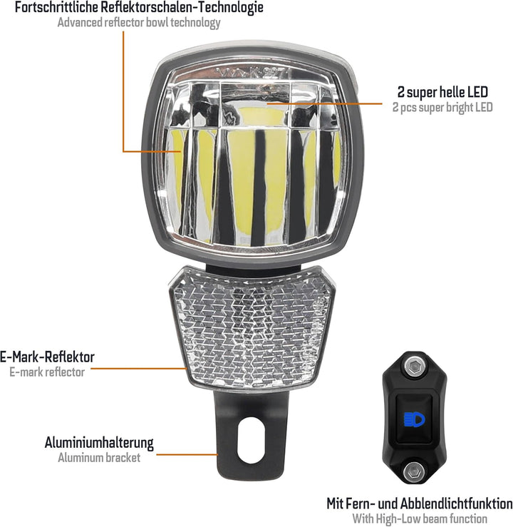 E-Bike Frontlicht 170 Lux Hammer E170 Plus – Fernlicht, Abblendlicht, mit Lenker-Schalter, IP65, Alu