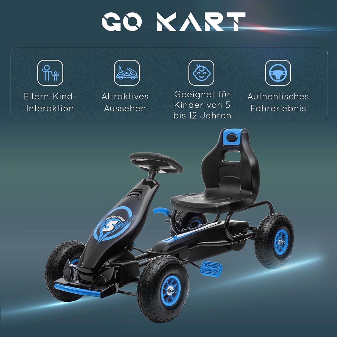 HOMCOM Gokart, Kinderfahrzeug mit 3-stufigen verstellbarem Sitz, Tretfahrzeug mit Gummireifen, Pedal