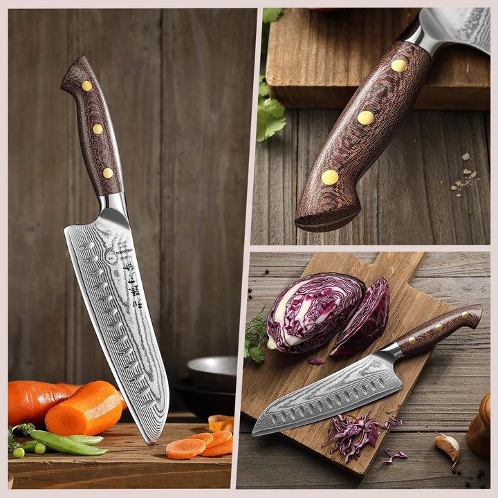 HEZHEN Santokumesser im Japanischen Stil，Echter Damaststahl Kochmesser mit Holzmesserscheide, Chines