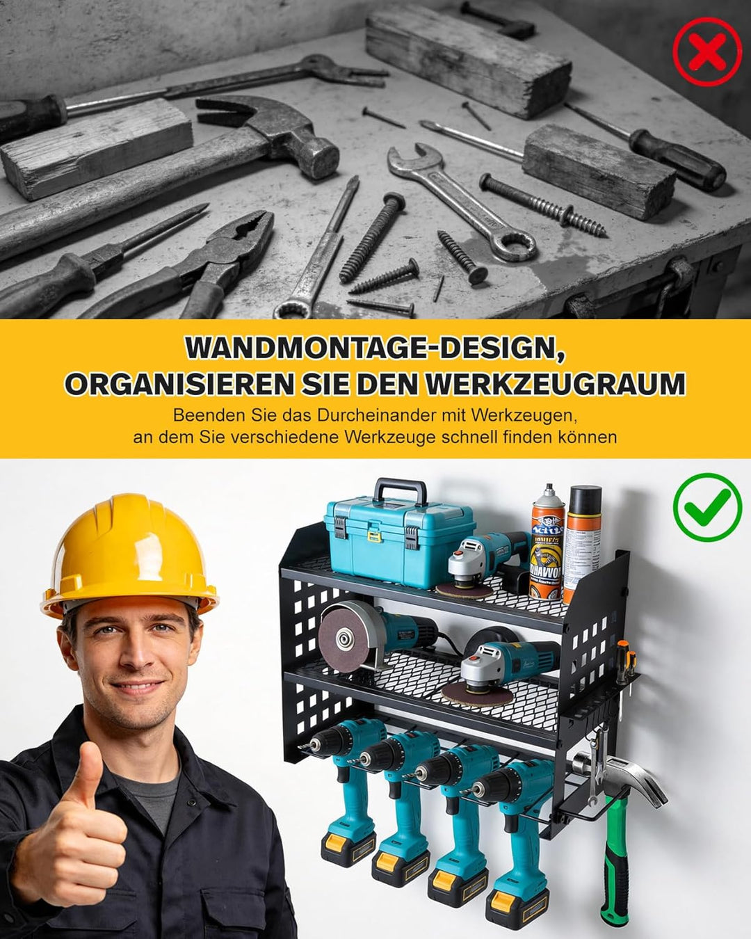Ribelli Werkzeug Wandhalterung 3 Ebenen mit Haken, Metal Werkzeugregal für 4 Elektrowerkzeug, Akkusc