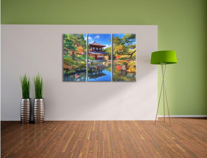 Pixxprint Ginkaku-ji-Tempel in Kyoto / 3-Teilig/Gesamtmass 120cm Leinwandbild bespannt auf Holzrahme