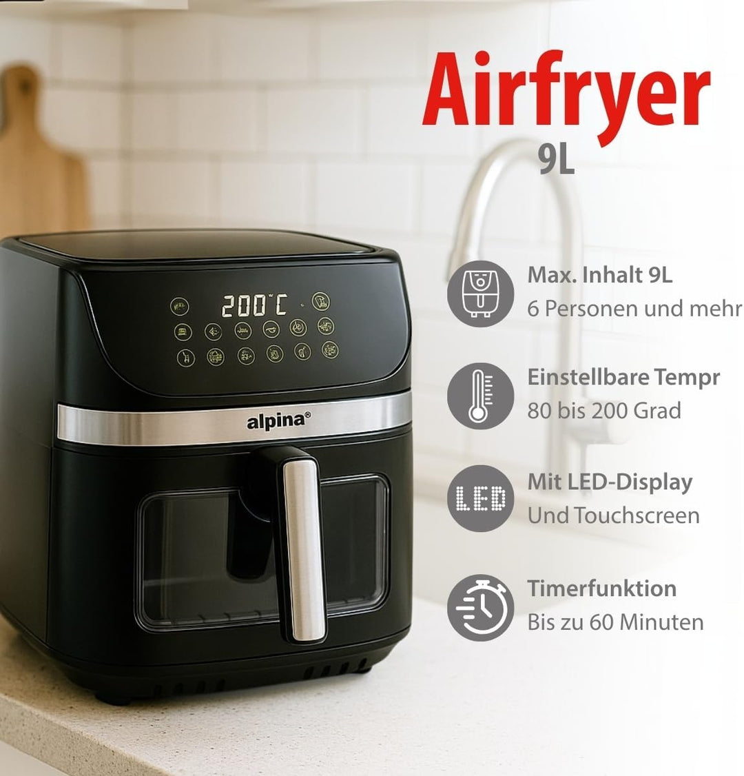 alpina Heissluftfritteuse 9L - Airfryer XXL - Air Fryer mit Digitalem Display - Heissluftfritteuse m