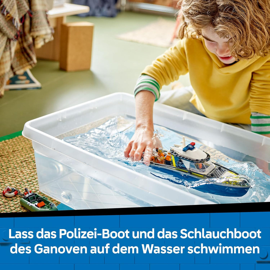 LEGO City Verfolgungsjagd im Polizeiboot – Spielset mit schwimmfähigem Schnellboot, Schlauchboot des