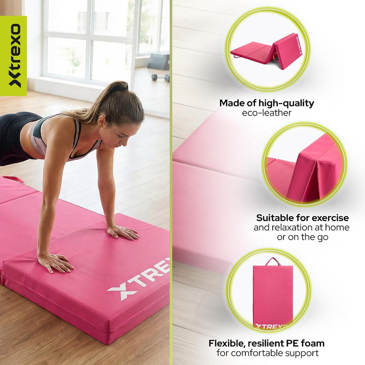 XTREXO Klappbare Gymnastikmatte – Turnmatte 4-teilig – Kunstleder &amp; EPE-Schaumstoff – Faltbar mit Tr