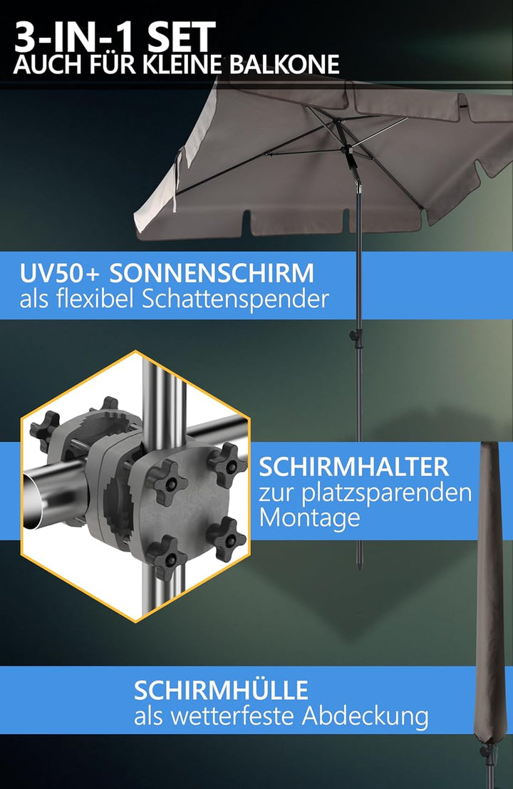 4smile Sonnenschirm Balkon SunnyShade, Sonnnenschutz Balkon SET 3-in-1, Taupe - UV50+ SunnyGuy Sonne