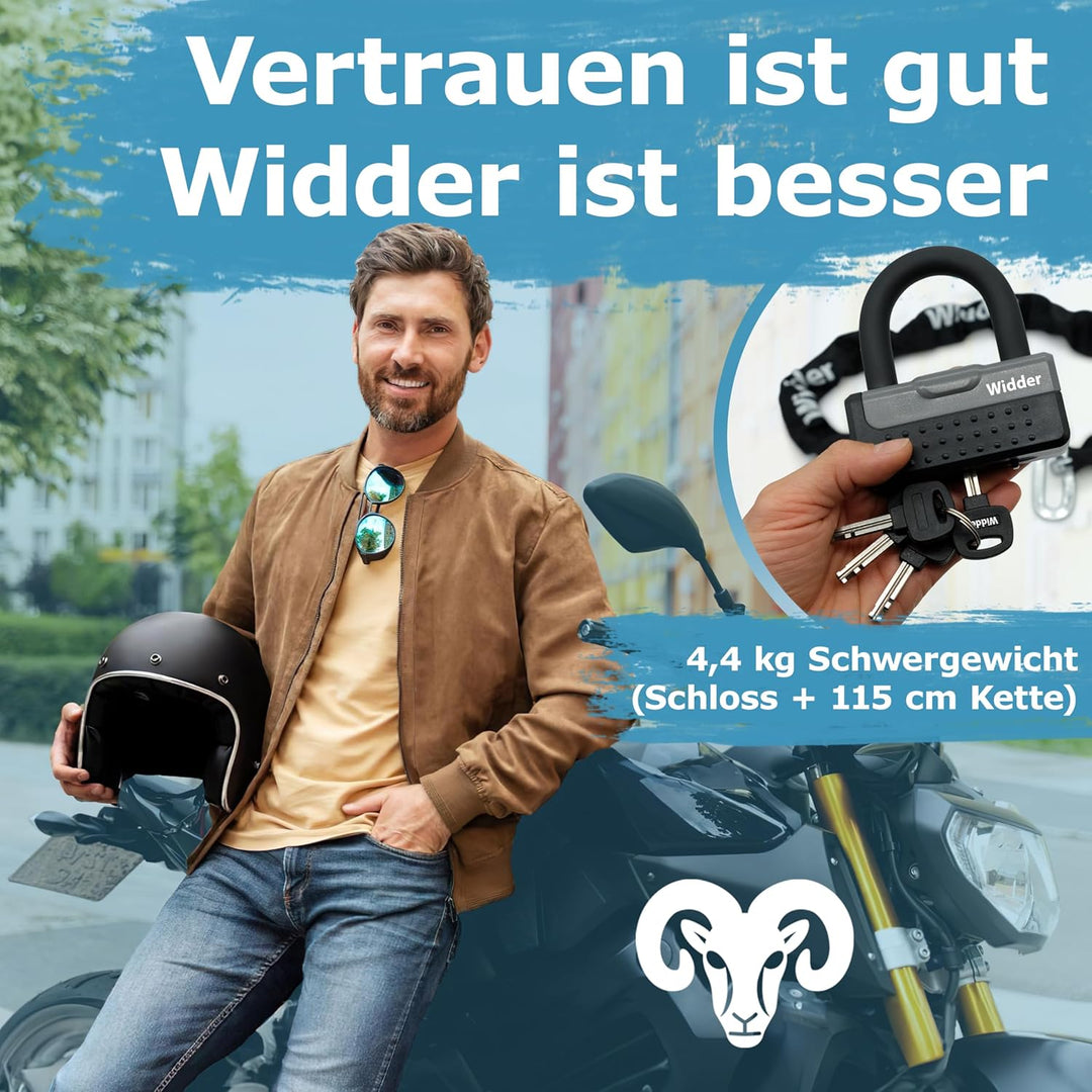 Widder Titan-Stahl [Level 15] Kettenschloss mit 4 Schlüssel - 115cm lang & 11mm massiv - für Motorra