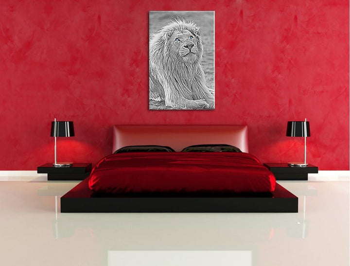 anmutiger weisser Löwe schwarz/weiss Deluxe Format: 100x70 cm auf Leinwand, XXL riesige Bilder ferti