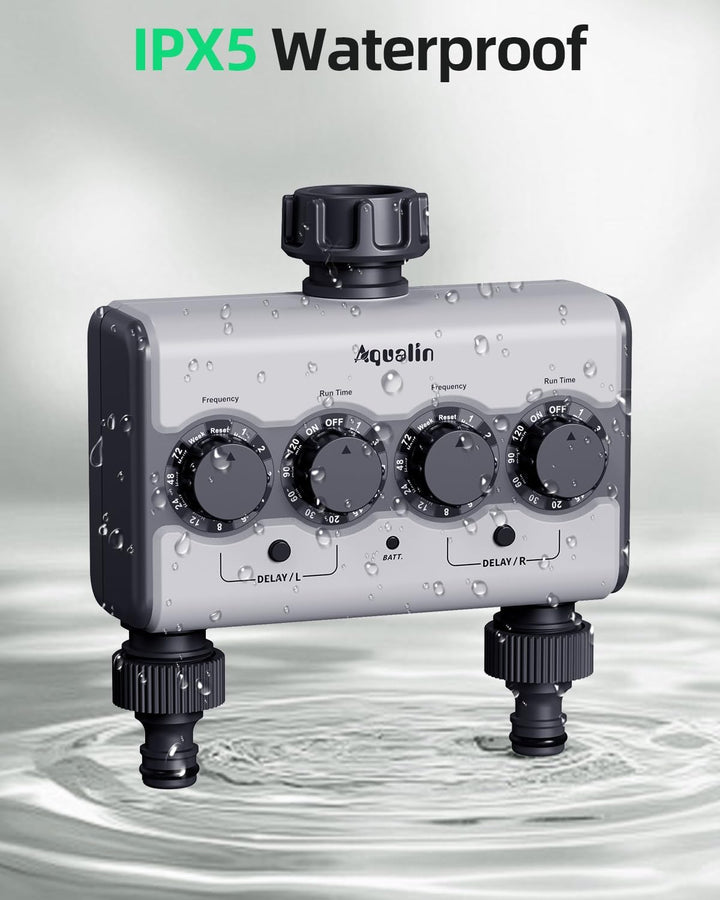 Dual Wasserzeitschalter mit Messing-Anschluss – 2 Ausgänge, Programmierbar, Verzögerung & Regensenso