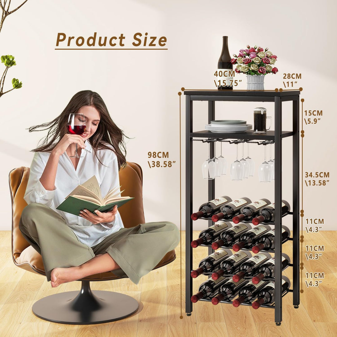 IBUYKE Weinregal für 16 Flaschen,Freistehendes Weinregal Metall mit Glashalter,Weinschrank Display,M